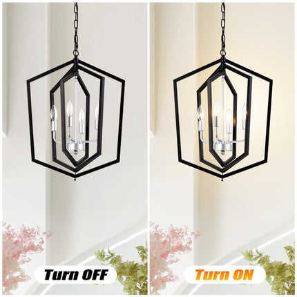4-Light Farmhouse Kitchen Chandeliers, Matte Black And Sliver Vintage Rustic Cage Light Fixture Adjustable Height Chandeliers For Dining Room Hallway Foyer Entryway E12 Bulbs Not Included