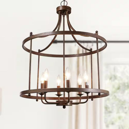 Farmhouse Drum Chandelier 6-Light Rusty Bronze Cage Classic Chandelier for Foyer Candlestick Pendant Light