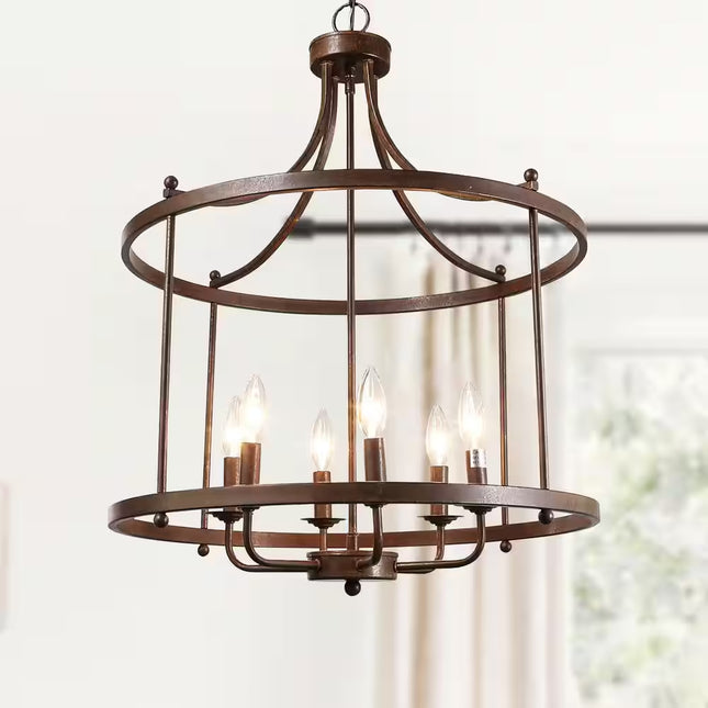 Farmhouse Drum Chandelier 6-Light Rusty Bronze Cage Classic Chandelier for Foyer Candlestick Pendant Light