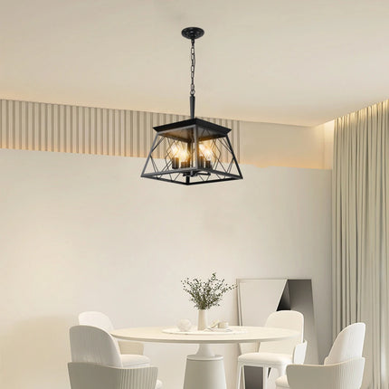 16" Walnut Industrial 4-Light Pendant Chandelier, Modern Metal Cage Design, Adjustable Hanging Light