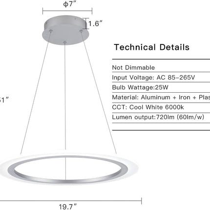 LED Pendant Light, 25W 1-Ring Modern Chandelier Ceiling Light Fixture, 19.7", 6000K, Cool White, Adjustable Hanging Pendant Lighting Fixture for Kitchen Island, Dining Room, Restaurant
