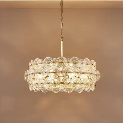 6-Light Distressed Gold Glam Chandelier, DIY Island Pendant Light with Hand-Made Glass Discs