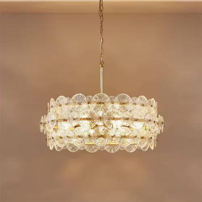 6-Light Distressed Gold Glam Chandelier, DIY Island Pendant Light with Hand-Made Glass Discs