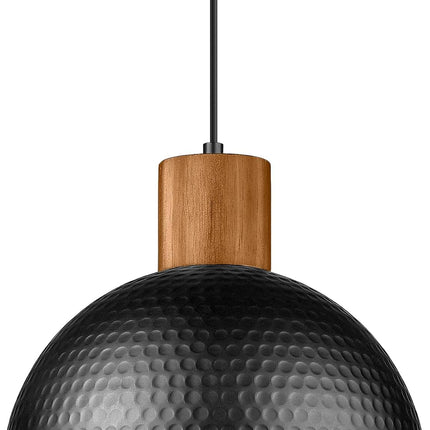 12" Hammered Metal Pendant Light, Rubber Wood Dome Hanging Lamp, Modern Pendant Light Fixtures for Kitchen Island, Bar, Farmhouse Dining Room, Bedroom, Hallway - Black