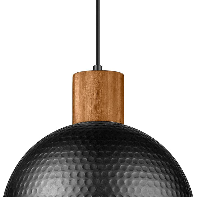 12" Hammered Metal Pendant Light, Rubber Wood Dome Hanging Lamp, Modern Pendant Light Fixtures for Kitchen Island, Bar, Farmhouse Dining Room, Bedroom, Hallway - Black