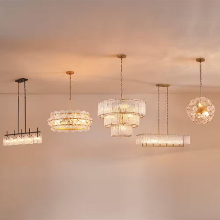 6-Light Distressed Gold Glam Chandelier, DIY Island Pendant Light with Hand-Made Glass Discs
