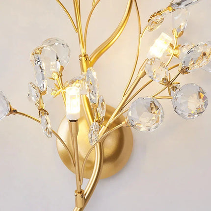 2025 Romantic Flowers Branches G4 Bulb Wall Lights Clear Crystal Living Room Bedroom Decoration Sconce Gold Metal Drop Shipping