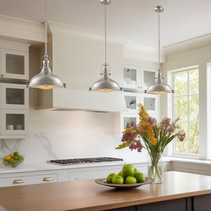 Beacon 11" Industrial Farmhouse Pendant Light with round Fresnel Glass Lens, Adjustable Hanging Height, Brushed Nickel Finish
