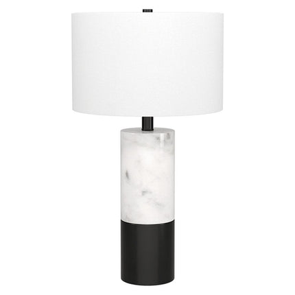 24" Black and White Marble and Metal Cylinder Table Lamp With White