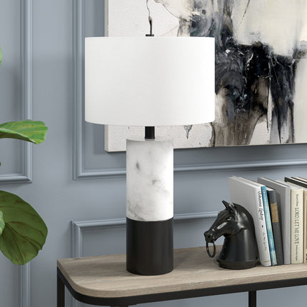 24" Black and White Marble and Metal Cylinder Table Lamp With White