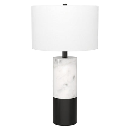 24" Black and White Marble and Metal Cylinder Table Lamp With White