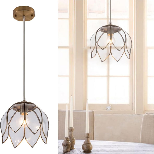 Brass Pendant Lighting, Vintage Oriental Lotus Ceiling Pendant Light Fixture, Modern Flower Hanging Lamp for Kitchen Island, Dining Room, Dressing Room,Cafe Shops,Clear M