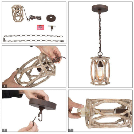 Farmhouse Wood Pendant 6 In. W 1-Light Brown Drum Cage Rustic Island Pendant Light for Kitchen, Living Room, Foyer