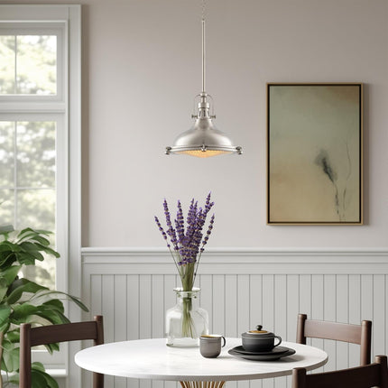Beacon 11" Industrial Farmhouse Pendant Light with round Fresnel Glass Lens, Adjustable Hanging Height, Brushed Nickel Finish