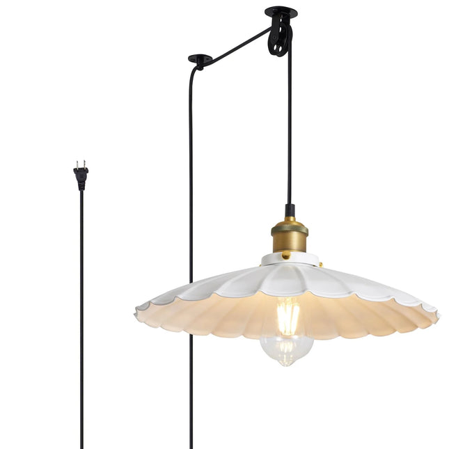 Hanging Lamp Plug in 13.8 Inch round Metal Shade Plug in Chandelier Vintage White Pendant Light for Kitchen Island Dome Industrial Hanging Light Living Room with Light Bulb