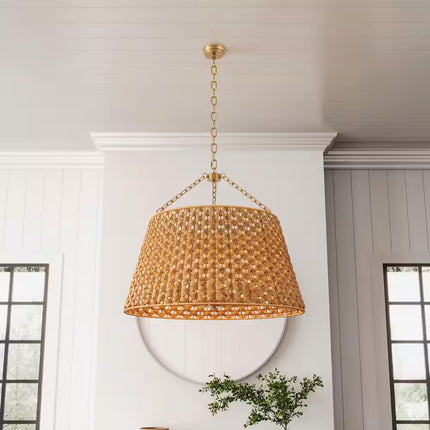 29.92 In. 6-Light Gold Woven Oversized Chandelier Boho Hand Rattan Rustic Farmhouse Ceiling Hanging Light