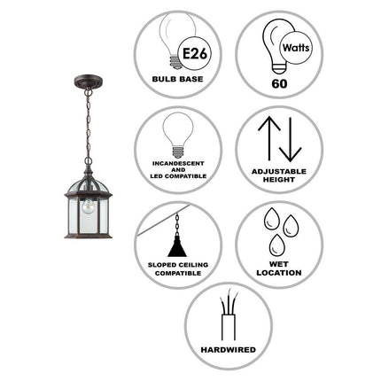 Wentworth 1-Light Rust Hanging Outdoor Pendant Light Fixture with Clear Glass