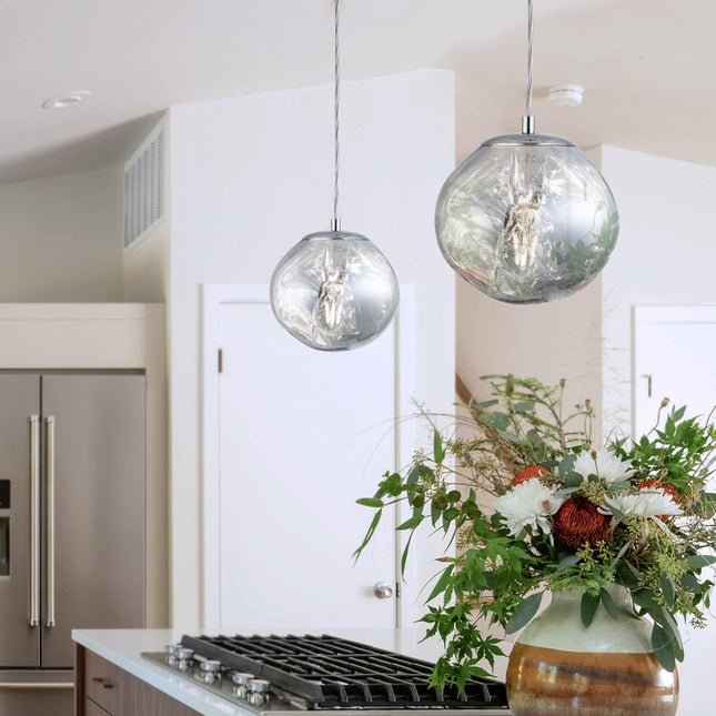 Modern Globe Acrylic Pendant Island Light in Melted Shape Mirror Reflective Acrylic Pendant Ceiling Light Fixture for Dining Room Kitchen Sink Chrome Plated 8Inch