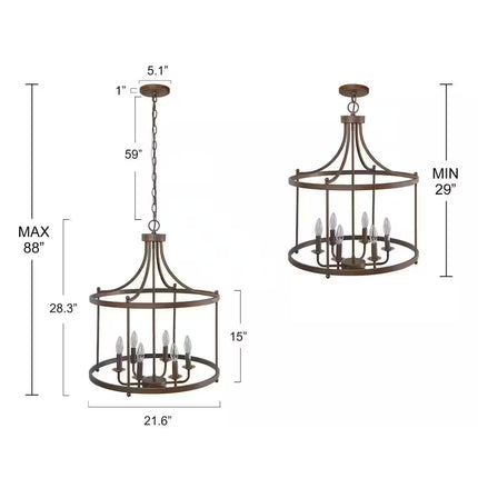 Farmhouse Drum Chandelier 6-Light Rusty Bronze Cage Classic Chandelier for Foyer Candlestick Pendant Light