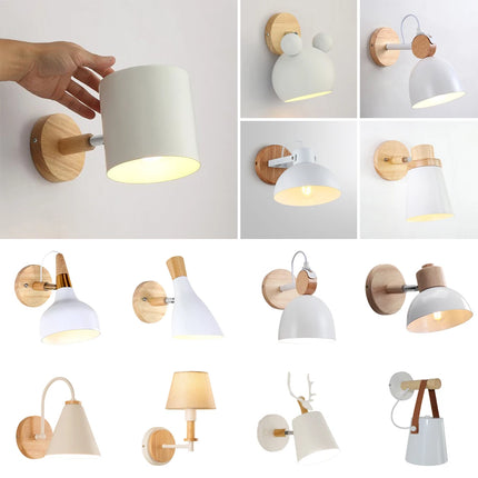Nordic Wooden Wall Lights Bedside Lamp Modern Wall Sconce for Bedroom Reading White Lampshade Steering Head E27 Home Lighting