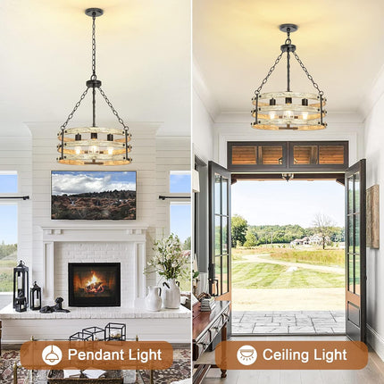 DLLT 3-Light Farmhouse Chandelier Light Fixtures, Rustic Drum Hanging Pendant Lighting, Semi Flush Mount Ceiling Light for Dining Room Kitchen Entryway Foyer Hallway, Black Metal Finish, E26 Base
