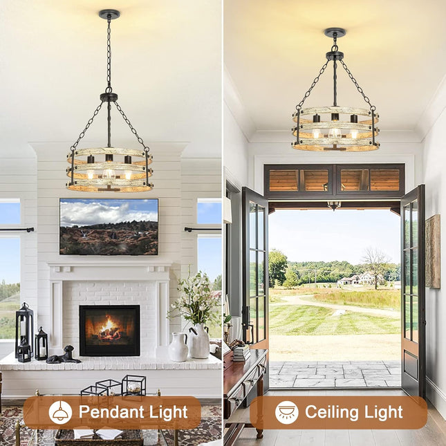 DLLT 3-Light Farmhouse Chandelier Light Fixtures, Rustic Drum Hanging Pendant Lighting, Semi Flush Mount Ceiling Light for Dining Room Kitchen Entryway Foyer Hallway, Black Metal Finish, E26 Base