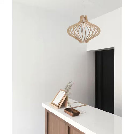 Sanaa 60-Watt 1-Light Kula Wood Tropical Pendant Light with Wood Shade and No Bulbs Included