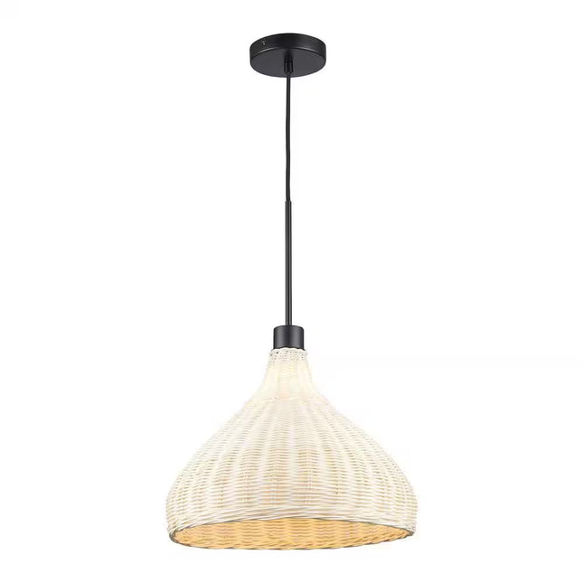 1-Light Black Pendant Light Fixture with Natural Woven Rattan Basket Shade