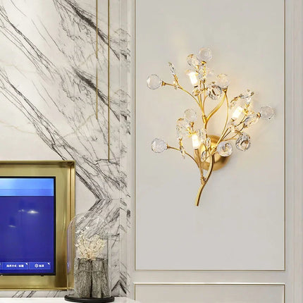 2025 Romantic Flowers Branches G4 Bulb Wall Lights Clear Crystal Living Room Bedroom Decoration Sconce Gold Metal Drop Shipping
