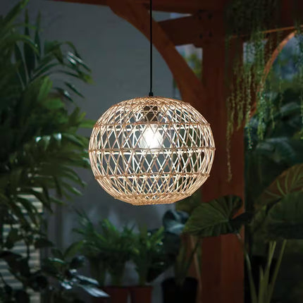 Ashville 1-Light Brown Rattan LED Outdoor Solar Pendant Light with Remote Solar Panel