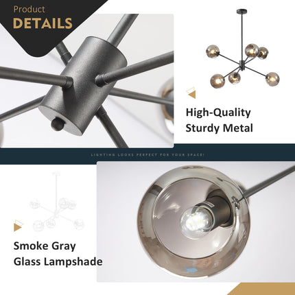 6 Lights Modern Glass Globe Sputnik Chandelier Mid Century Matte Black Sputnik Pendant Light Fixture Adjustable Vintage Large Smoke Gray Ball Chandelier Pendant Light for Kitchen Living Room