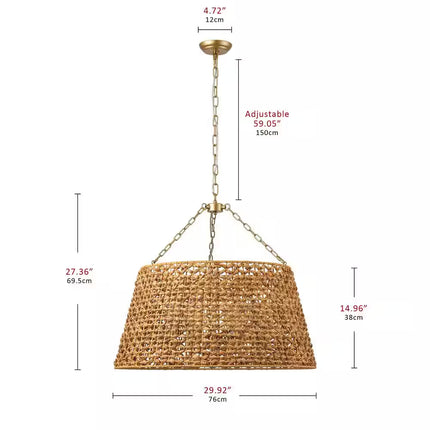 29.92 In. 6-Light Gold Woven Oversized Chandelier Boho Hand Rattan Rustic Farmhouse Ceiling Hanging Light
