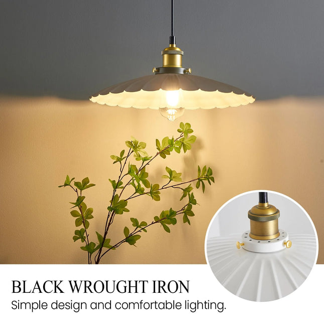 Hanging Lamp Plug in 13.8 Inch round Metal Shade Plug in Chandelier Vintage White Pendant Light for Kitchen Island Dome Industrial Hanging Light Living Room with Light Bulb