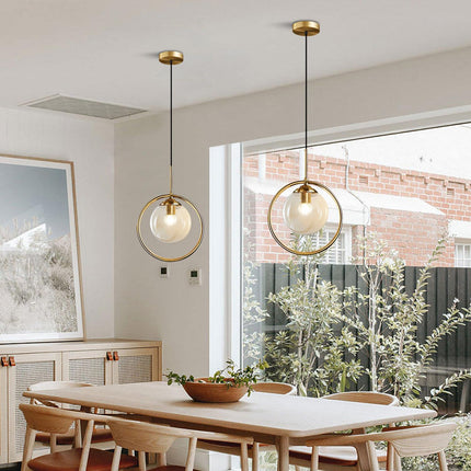 Modern 1-Light Globe Pendant Light Mid Century Amber Glass Ball Pendant Lighting Brushed Gold Single round Circle Hanging Lamp Kitchen Island Dining Room Pendant Light Fixture