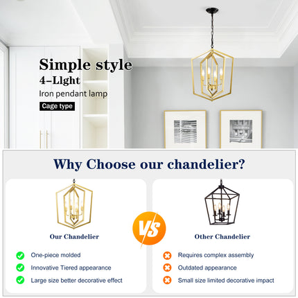 4-Light Farmhouse Kitchen Chandeliers, Vintage Cage Light Fixture Adjustable Height Chandeliers For Dining Room Hallway Foyer Entryway E12 Bulbs Not Included-GOLD MATTE BLACK