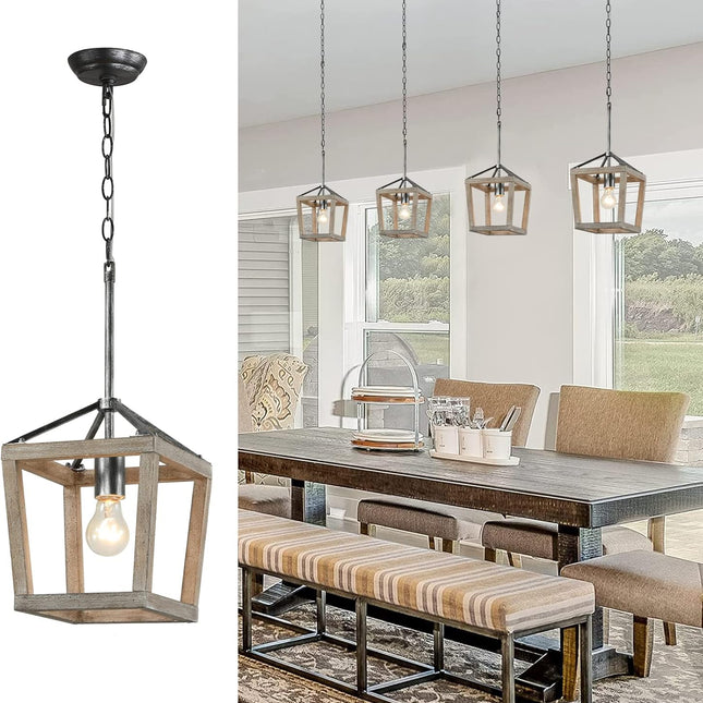2024 Updated Farmhouse Pendant Lighting for Kitchen Island, 1-Light Wood & Black Metal Rustic Lantern Pendant Light Fixture Ceiling Hanging, Small Chandeliers for Dining Room Entryway Foyer Bedroom