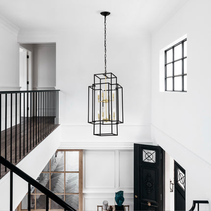 8-Light Metal Lantern Tiered Pendant Hanging Light Fixtures, Industrial Farmhouse Adjustable Height Chandeliers For Dining Room Hallway Foyer Entryway--Matte Black & Gold E12 Bulbs Not Included