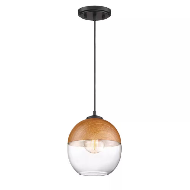 Kawena 60-Watt 1-Light Robusta Wood Tropical Mini Pendant Light with Clear Glass Shade and No Bulbs Included