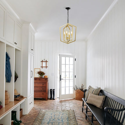 4-Light Farmhouse Kitchen Chandeliers, Vintage Cage Light Fixture Adjustable Height Chandeliers For Dining Room Hallway Foyer Entryway E12 Bulbs Not Included-GOLD MATTE BLACK