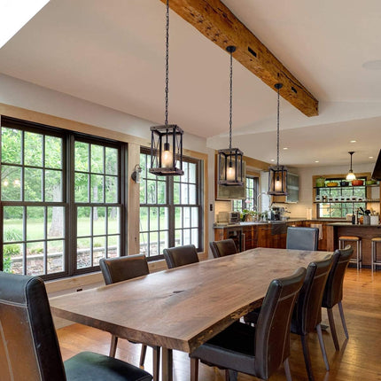 Farmhouse Pendant Light for Kitchen Island 1-Light Wood Pendant Hanging Lamp Black Metal Cage Pendant Lantern Lighting for Dining Room Kitchen Hallway
