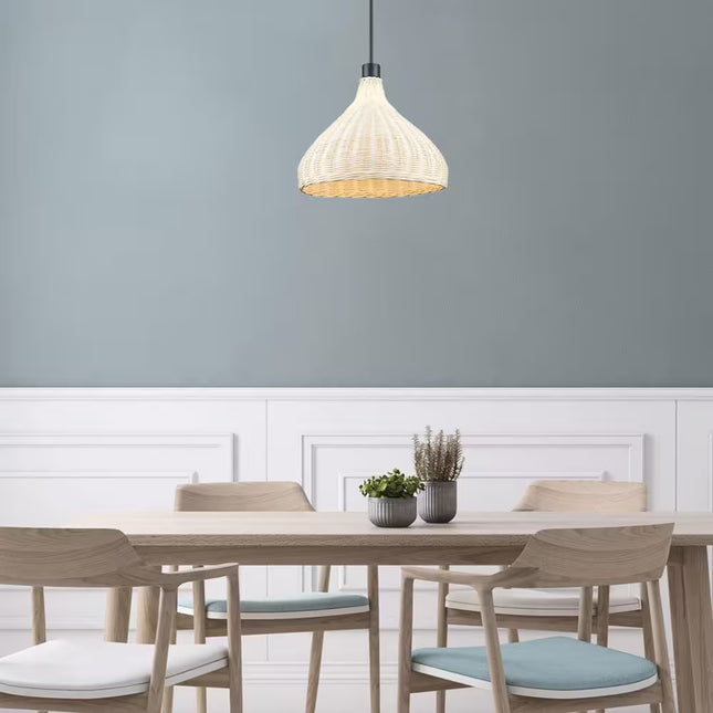 1-Light Black Pendant Light Fixture with Natural Woven Rattan Basket Shade