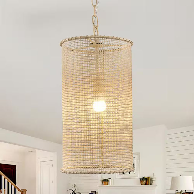 9.84 In. 1-Light Beige Cylindrical Mini Hanging Pendant Light with Woven Rope Shade