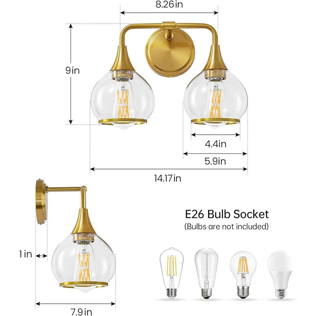 Gold Bathroom Light Fixture 2-Lights Vanity Lighting Clear Glass Shade Wall Sconce Mid-Century Modern Design Dimmable