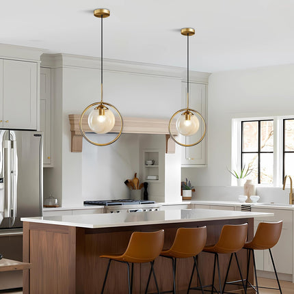 Modern 1-Light Globe Pendant Light Mid Century Amber Glass Ball Pendant Lighting Brushed Gold Single round Circle Hanging Lamp Kitchen Island Dining Room Pendant Light Fixture