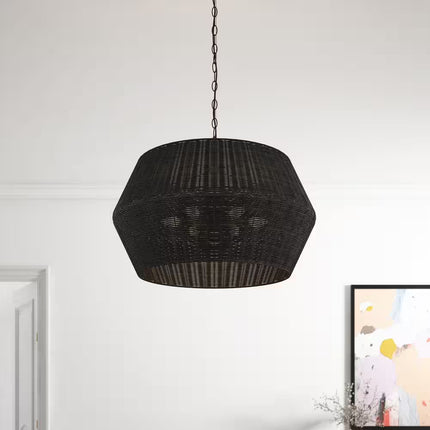 28.34 In. 6-Light Farmhouse Black Coastal Woven Chandelier with Rattan Basket Shade