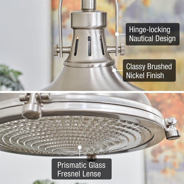 Beacon 11" Industrial Farmhouse Pendant Light with round Fresnel Glass Lens, Adjustable Hanging Height, Brushed Nickel Finish
