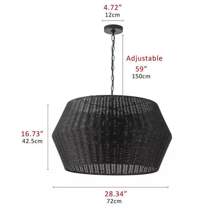 28.34 In. 6-Light Farmhouse Black Coastal Woven Chandelier with Rattan Basket Shade