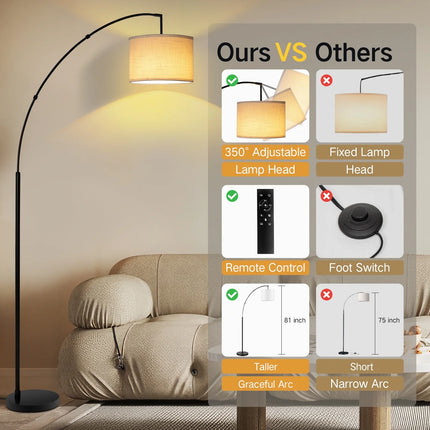 81" Arc Floor Lamp with Remote, 4 Color Temperatures LED Dimmable Modern Standing Lamps, Adjustable Linen Shade Tall Lamp for Living Room, Bedroom (Black+White Shade)