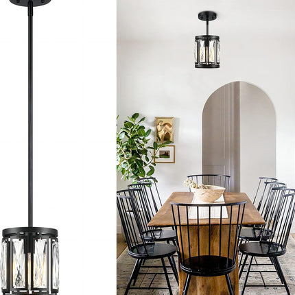 Mini Crystal Semi Flush Mount Ceiling Light, Convertible Hanging Pendant Lighting Fixture for Kitchen Island, Black Drum Shade Close to Ceiling Lights for Hallway Entryway