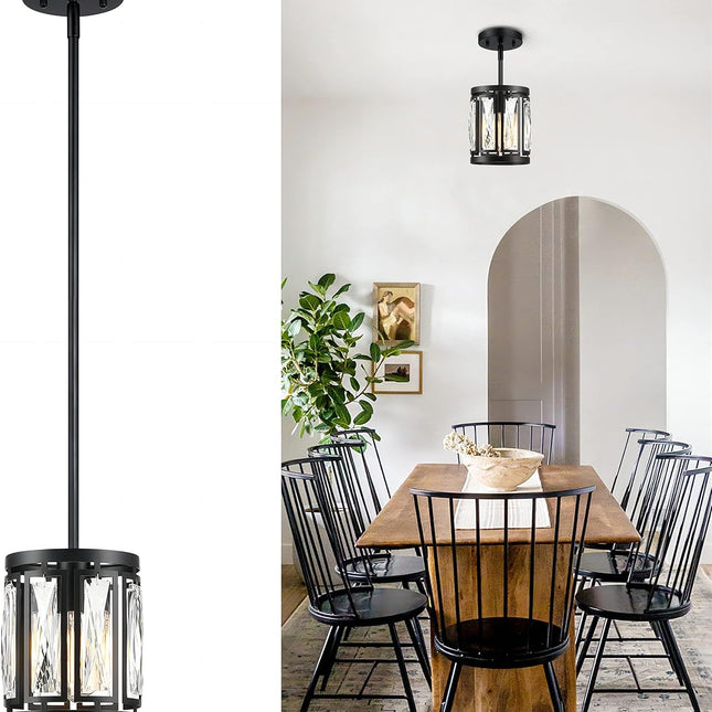 Mini Crystal Semi Flush Mount Ceiling Light, Convertible Hanging Pendant Lighting Fixture for Kitchen Island, Black Drum Shade Close to Ceiling Lights for Hallway Entryway